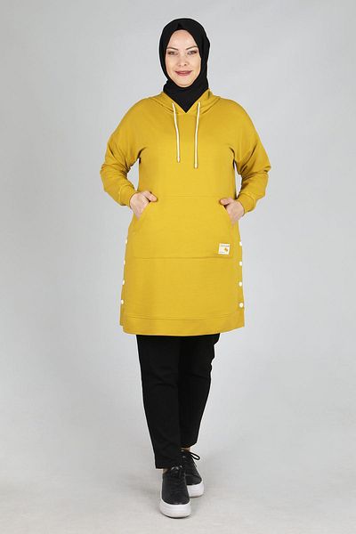 Moda Rosa 24K2040 - MUSTARD - Large Size Hijab Kangaroo Pocketed Snap Detailed Tunic