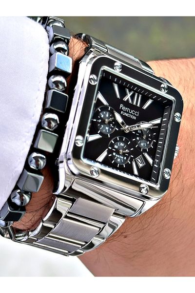 Ferrucci Silver Color Square Functions Active Men's Wrist Watch + Bracelet