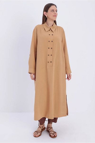 Moda Rosa 24Y4393 - CAMEL - Plus Size Double Buttoned Linen Full Length Tunic
