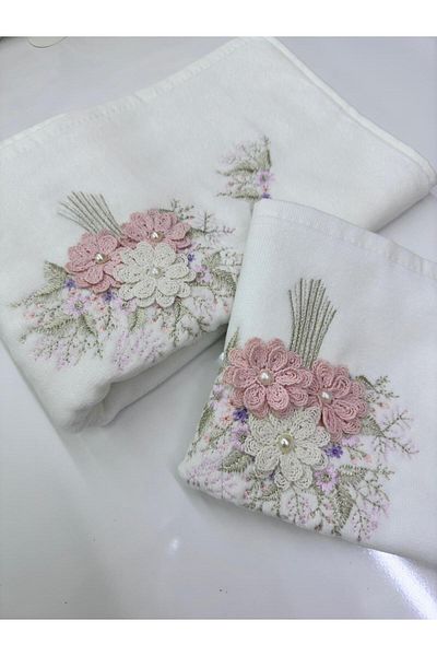 Dantelux White Mother and Daughter Dowry Embroidery Towel - Bowl Bouquet Model