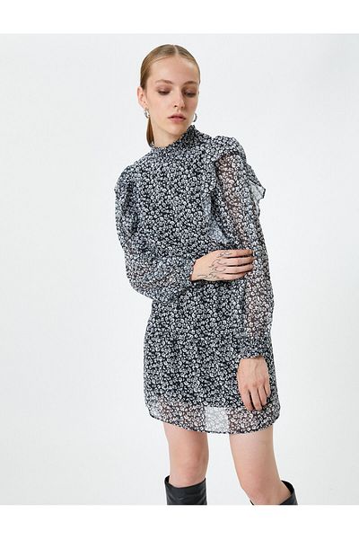 Koton Flower Patterned Chiffon Dress with Stand Collar and Balloon Sleeve Detail