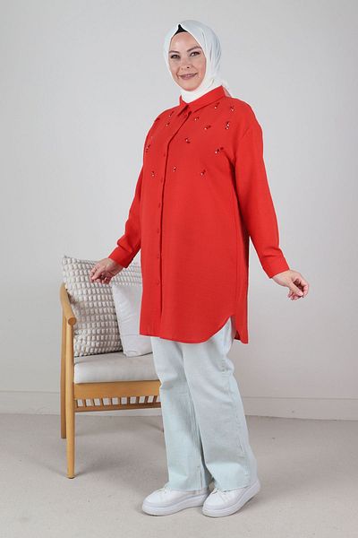Moda Rosa 24Y2329 - MERCAN - Large Size Hijab Stone Embroidered Linen Aerobin Tunic