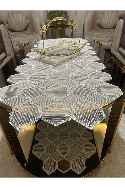 Tekstilsa New Luxury Runner Living Room Coffee Table Table Cover Set French Laced Dowry Set WHITE 5 Pieces