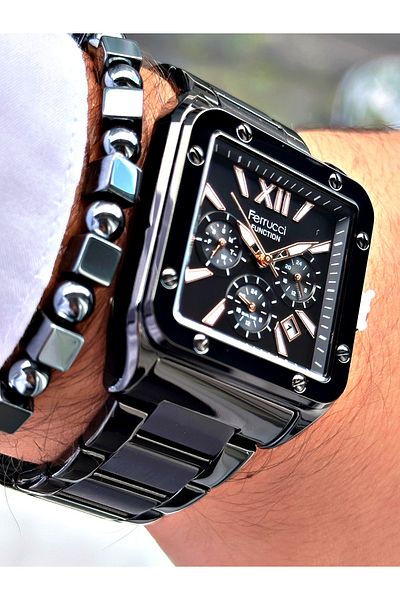 Ferrucci Black Color Square Functions Active Men's Wrist Watch + Bracelet