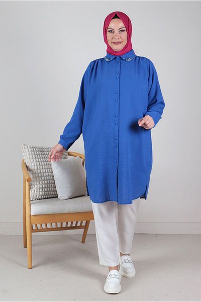 Moda Rosa 24Y2328 - SAKS - Large Size Hijab Drawstring Detailed Baby Collar Tunic