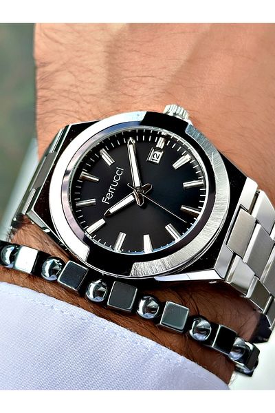 Ferrucci Silver Color Classic Plain Model Steel Cord Men's Wrist Watch + Bracelet