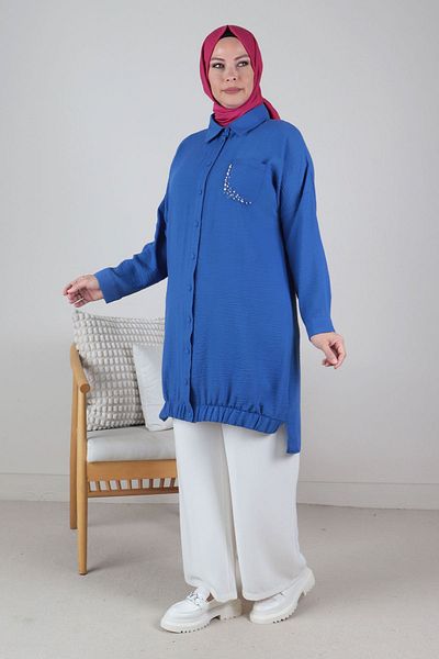 Moda Rosa 24Y2330 - SAKS - Large Size Hijab Stone Embroidered Linen Aerobin Tunic