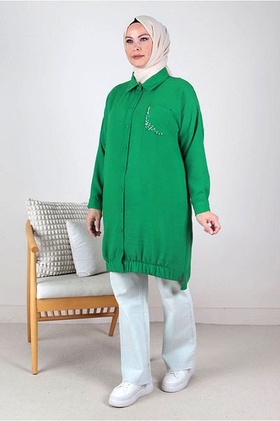 Moda Rosa 24Y2330 - BENETTON - Large Size Hijab Stone Embroidered Linen Aerobin Tunic