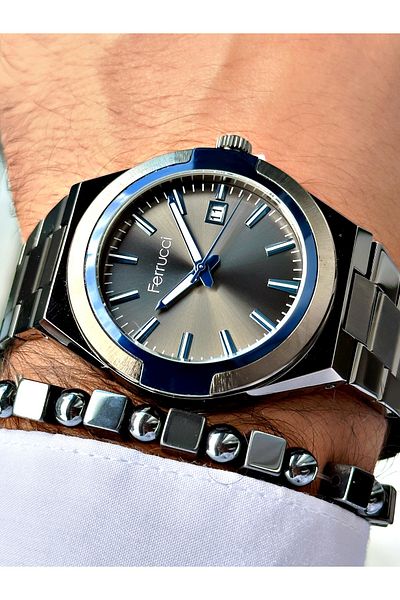Ferrucci Smoke Color Classic Plain Model Steel Cord Men's Wrist Watch + Bracelet