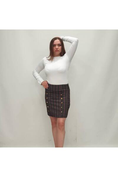 Blue Petrol Women's Long Sleeve Jacket Skirt Button Detailed Plaid Suit