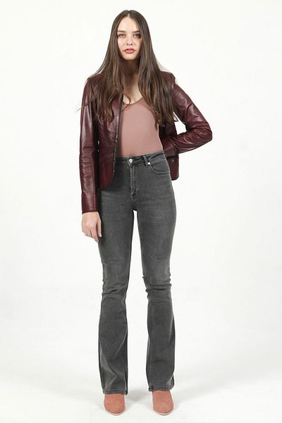 Dericlub Yb2157 Palton de damă din piele naturală de mărime mare Roșu Claret