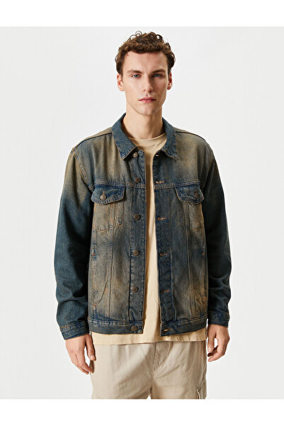 Koton Washed Denim Jacket Oversize Flap Double Pocket Buttoned