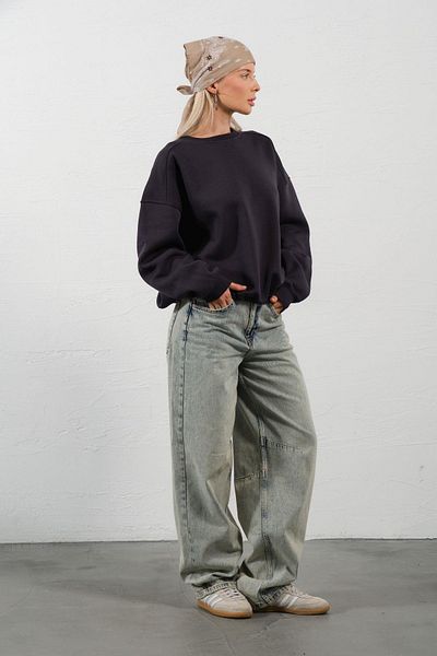 Domoda Γυναικείο φούτερ Anthracite 3 Thread Raised Oversize off-Shoulder βαμβακερό