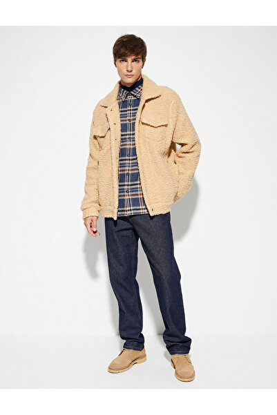 Koton Oversize Plush Jacket Double Pocket Polo Collar Snap Button