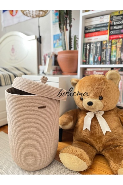 Bohemahomedecor Ψάθινο βαμβακερό καλάθι παιχνιδιών, οργανωτής βρώμικων παιχνι...