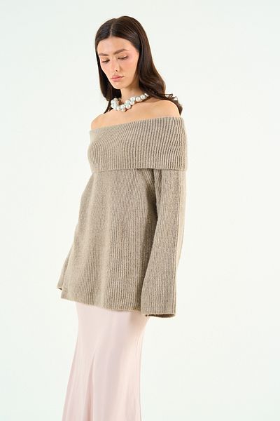 Qu Style Pulover cu nervuri cu guler lat din nurcă ușoară TK 241136