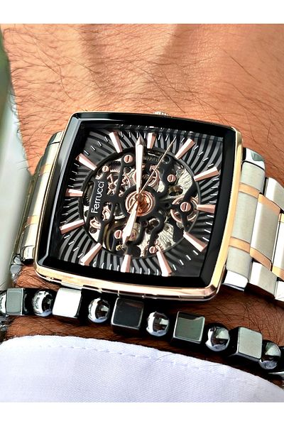 Ferrucci Silver Color Automatic Square Business Mechanism Men's Wrist Watch + Bracelet