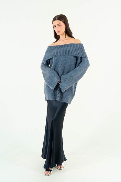 Qu Style Pulover cu nervuri cu guler lat afumat TK 241136