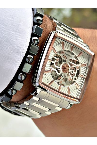 Ferrucci Silver Color Automatic Square Business Mechanism Men's Wrist Watch + Bracelet