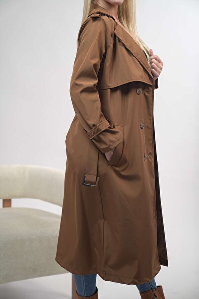 msm fashion Kadın Trençkot Uzun Kuşaklı Düğmeli Cepli Kruvaze Yaka Mevsimlik Trençkot