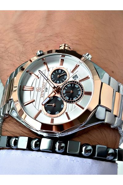 Reward Rose Silver Color Functions Active Steel Cord Men's Wrist Watch + Bracelet