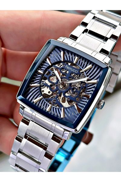 Ferrucci Silver Color Automatic Square Business Mechanism Men's Wrist Watch + Bracelet
