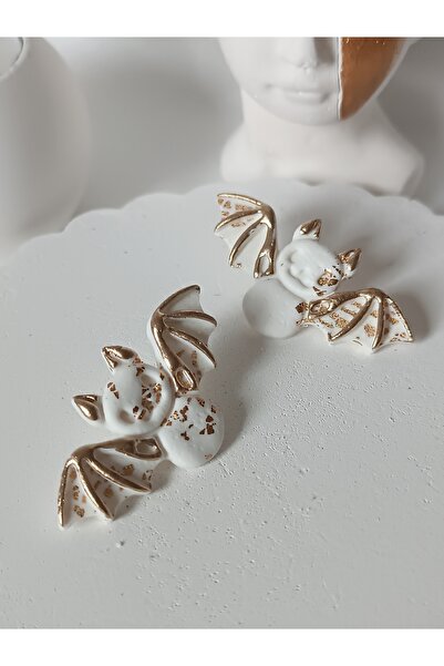 La fee aksesuar cadılar bayramı aksesuar parti gold detay beyaz yarasa küpe - çelik iğneli polimer kil küpe