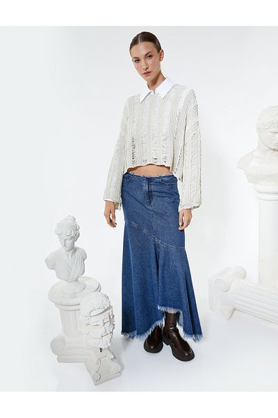 Koton Openwork Sweater Crop Knitted Crew Neck Comfortable Cut Cashmere Textured