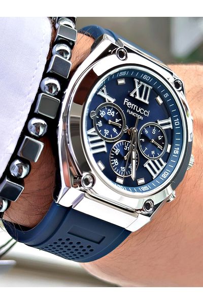 Ferrucci Navy Color Silicone Functions Active Sports Men's Wrist Watch + Bracelet