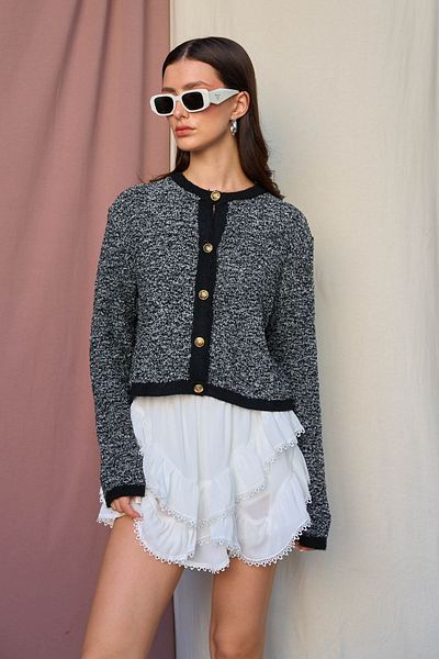 Qu Style Black-Bone Wrinkled Cardigan Th 241048