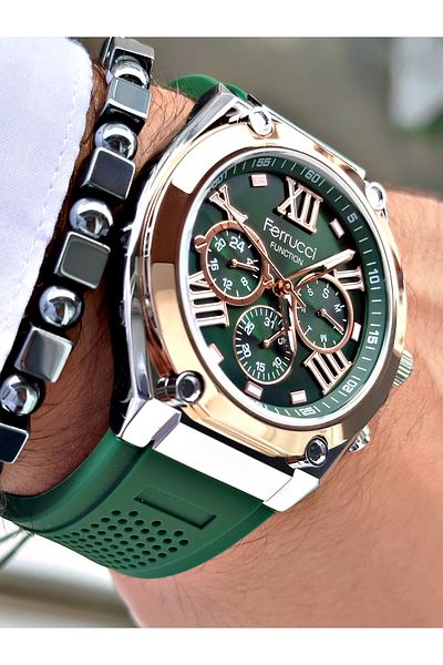 Ferrucci Green Color Silicone Functions Active Sports Men's Wrist Watch + Bracelet