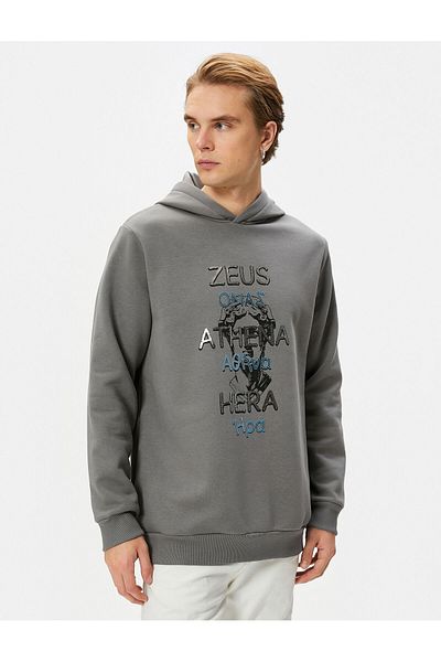 Koton Mythology Themed Hooded Sweatshirt - Printed, Ribbed, Long Sleeve, Raster