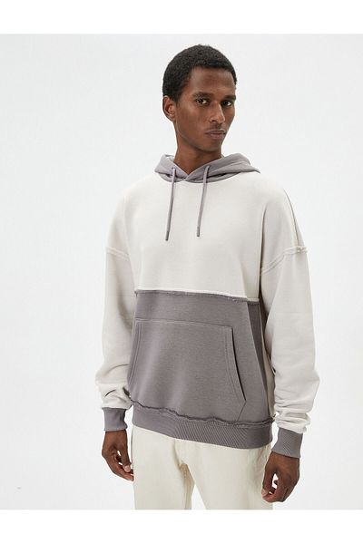 Koton Oversize Hooded Sweatshirt with Stitching Detail, Kangaroo Pocket, Color Block