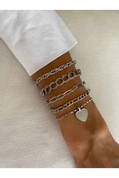 MagicStone Gümüş Sedef Kalp Beşli Kombin Bileklik