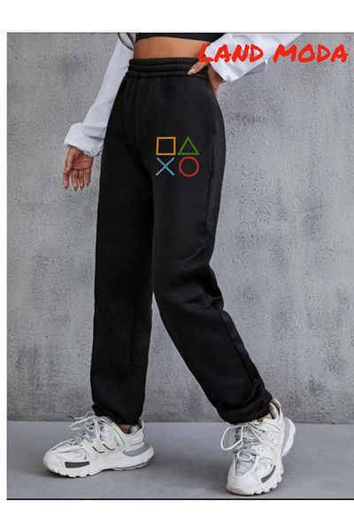 LAND MODA Μαύρο γυναικείο εμπριμέ Jogger ελαστικό παντελόνι μέσης