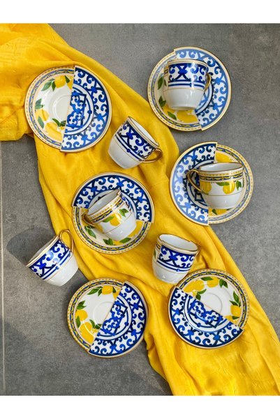 RUBİ PORSELEN Kütahya Çift Desenli Limon Serisi 6 Kişilik Porselen Kahve Finc...