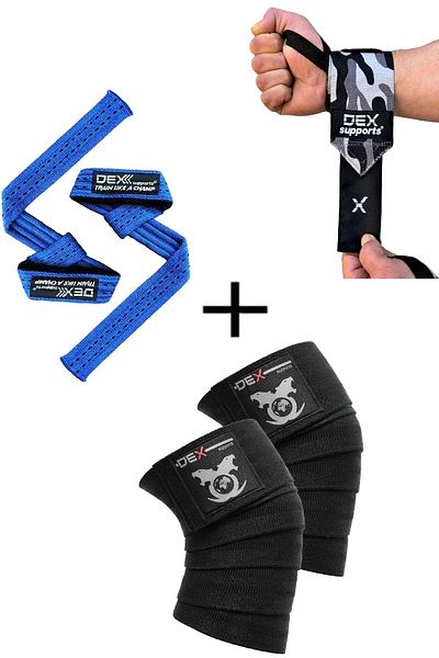 Dex Supports Fitness Sportsman - Dark Camouflage Bracelet + Blue Lifting Straps + Knee Wraps Legend 3 Pack
