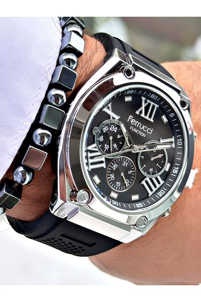 Ferrucci Black Color Silicone Functions Active Sports Men's Wrist Watch + Bracelet