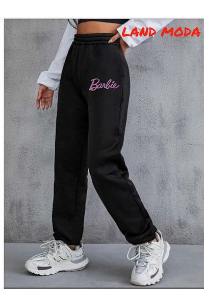 LAND MODA Μαύρο γυναικείο εμπριμέ Jogger ελαστικό παντελόνι μέσης