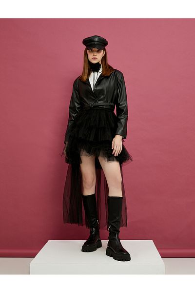 Koton Crop Leather Look Jacket with Waist Belt Detail