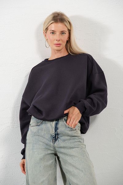 Domoda Γυναικείο φούτερ Anthracite 3 Thread Raised Oversize off-Shoulder βαμβακερό