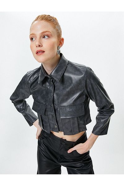 Koton Cămașă din piele artificială decupată cu mânecă lungă cu aspect vintage