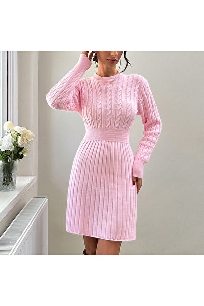 ATEMODAA BELİ LASTİKLİ ETEĞİ FİTİLLİ ELBİSE PEMBE