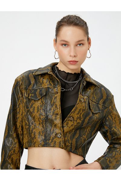 Koton Crop Crocodile Jacket Long Sleeve Buttoned Flap Pocket Detailed