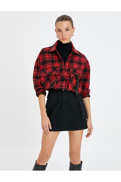 Koton Plaid Oversize Lumberjack Shirt - Pocket Detail and Snap Button