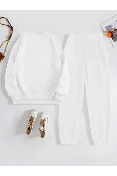 OVER HEAD Γυναικείο λευκό New York Brooklyn με στάμπα μεγάλου μεγέθους φούτερ με λαιμόκοψη Jogger Top Σετ