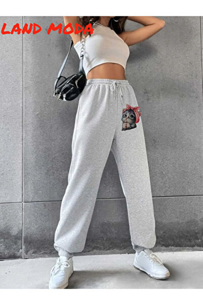 LAND MODA Μαύρο γυναικείο εμπριμέ Jogger ελαστικό παντελόνι μέσης