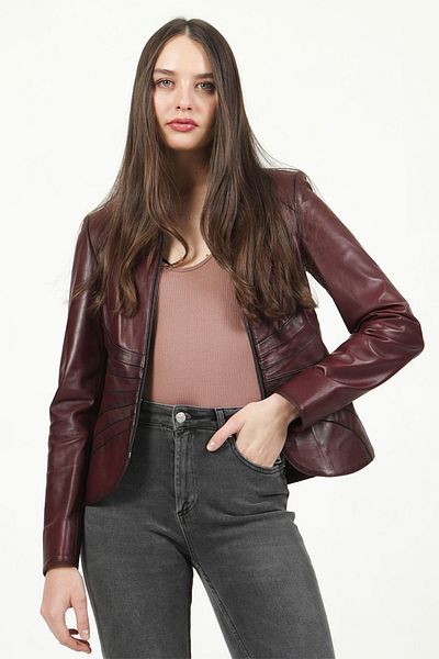 Dericlub Yb2157 Palton de damă din piele naturală de mărime mare Roșu Claret