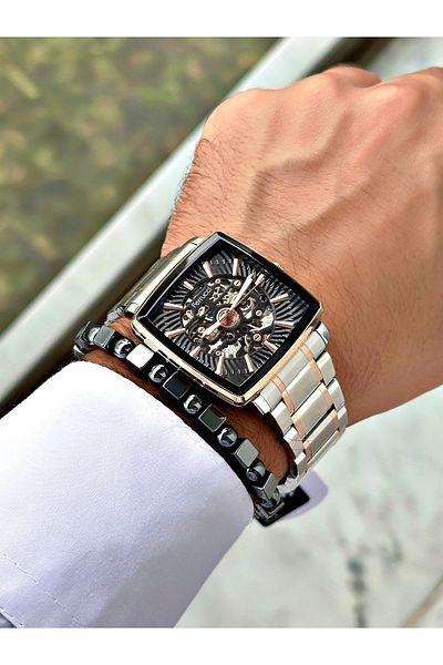 Ferrucci Silver Color Automatic Square Business Mechanism Men's Wrist Watch + Bracelet