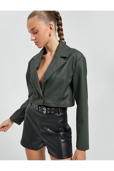 Koton Μπουφάν Crop Crocodile Leather look με κουμπιά για κολάρο